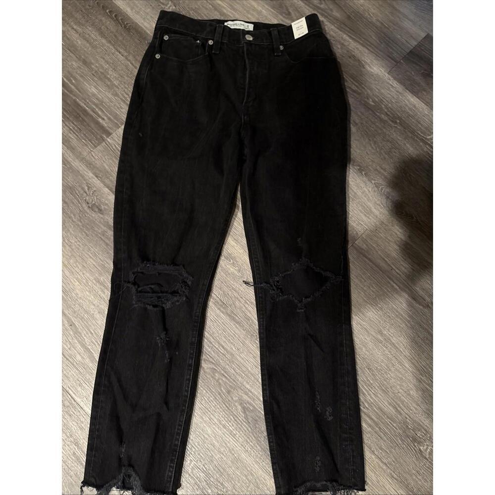 Abercrombie & Fitch High Rise Mom Jean Black Size 27 / 4S Frayed Hems Distressed - Picture 6 of 6